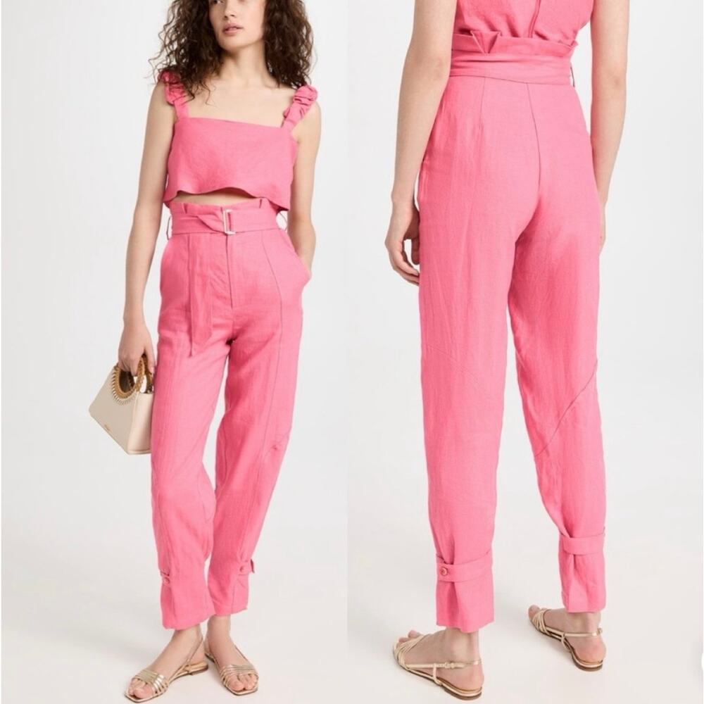 Hevron Leona Belted Linen Paperbag Straight Leg Resort Pants Bubblegum - Size 10